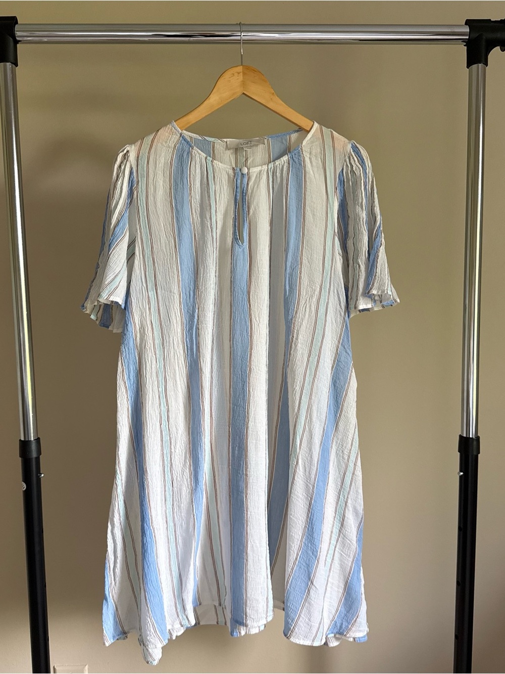 LOFT Vertical Stripe Short Sleeve Dress in Light Blue, White & Brown